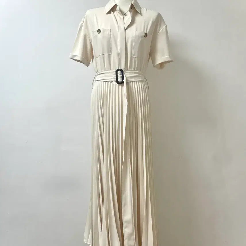 [SOLD OUT] (새상품)마리마켓 셔츠 플리츠 스트랩 롱 원피스 L 아이보리 베이지 화이