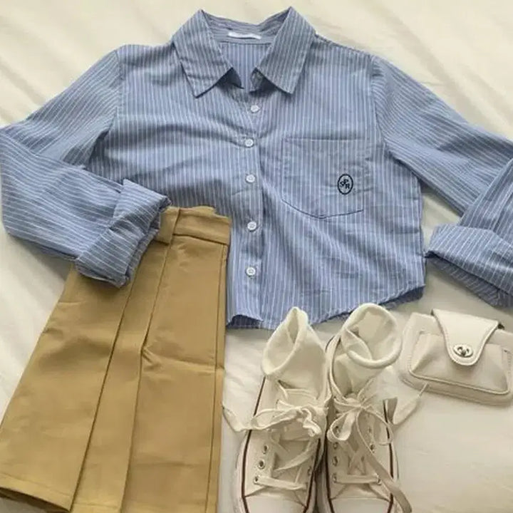 [BUNJANG] Striped Crop Shirt Set / 스트라이프 크롭 셔츠 2종