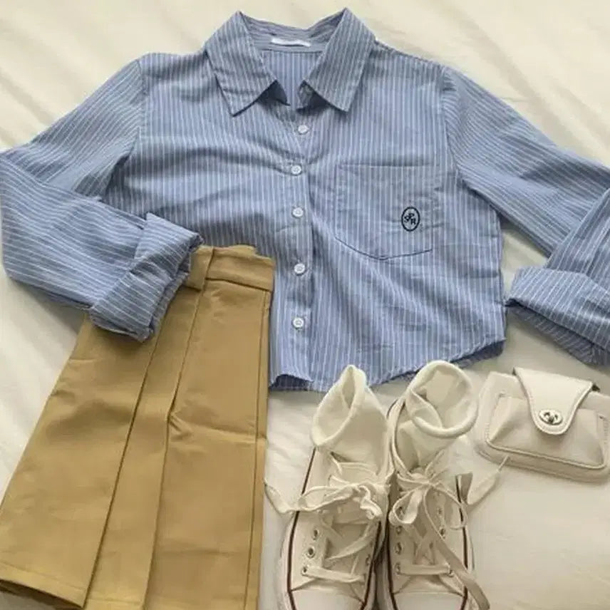 [BUNJANG] Striped Crop Shirt Set / 스트라이프 크롭 셔츠 2종
