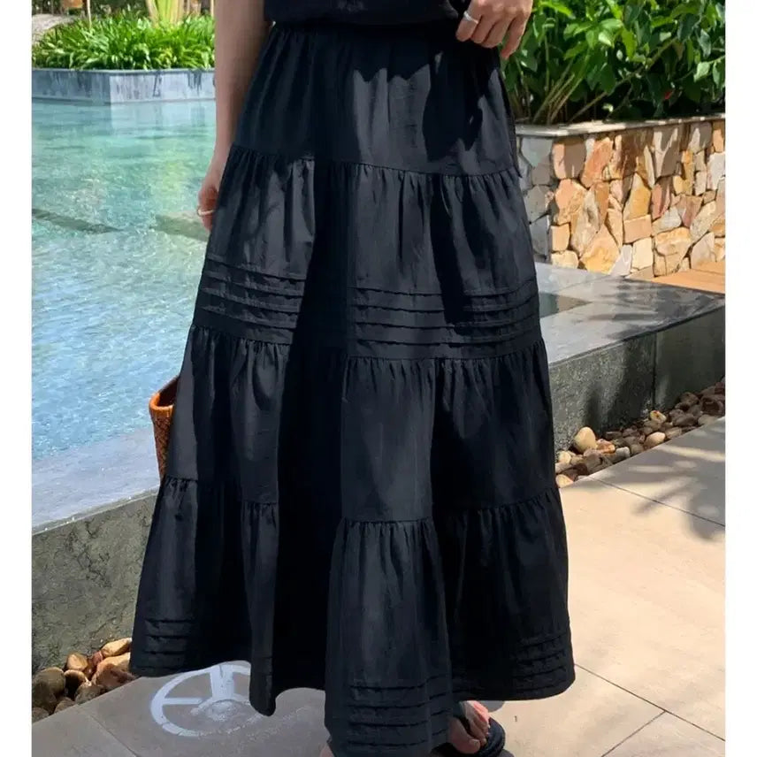 [BUNJANG] Dearment Shirring Pintuck Cotton Banding Long Skirt Black / 디어먼트 셔링 핀턱 코튼 밴딩 롱스커트 치마 블랙