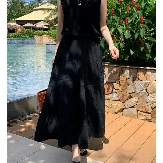 [BUNJANG] Dearment Shirring Pintuck Cotton Banding Long Skirt Black / 디어먼트 셔링 핀턱 코튼 밴딩 롱스커트 치마 블랙