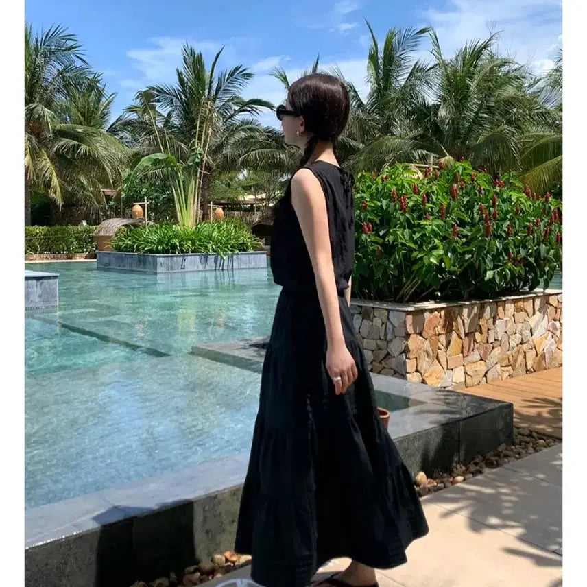 [BUNJANG] Dearment Shirring Pintuck Cotton Banding Long Skirt Black / 디어먼트 셔링 핀턱 코튼 밴딩 롱스커트 치마 블랙