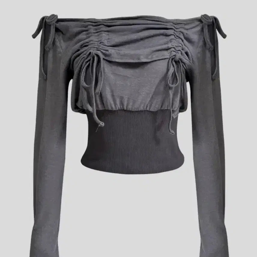 [BUNJANG] Setsetset Lavigne Off-Shoulder Shirred Crop Top / 쎄쎄쎄(Setsetset) 오프숄더 셔링탑 차콜 LAVIGNE OFF-S