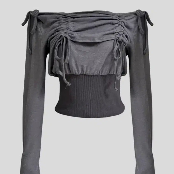 [BUNJANG] Setsetset Lavigne Off-Shoulder Shirred Crop Top / 쎄쎄쎄(Setsetset) 오프숄더 셔링탑 차콜 LAVIGNE OFF-S
