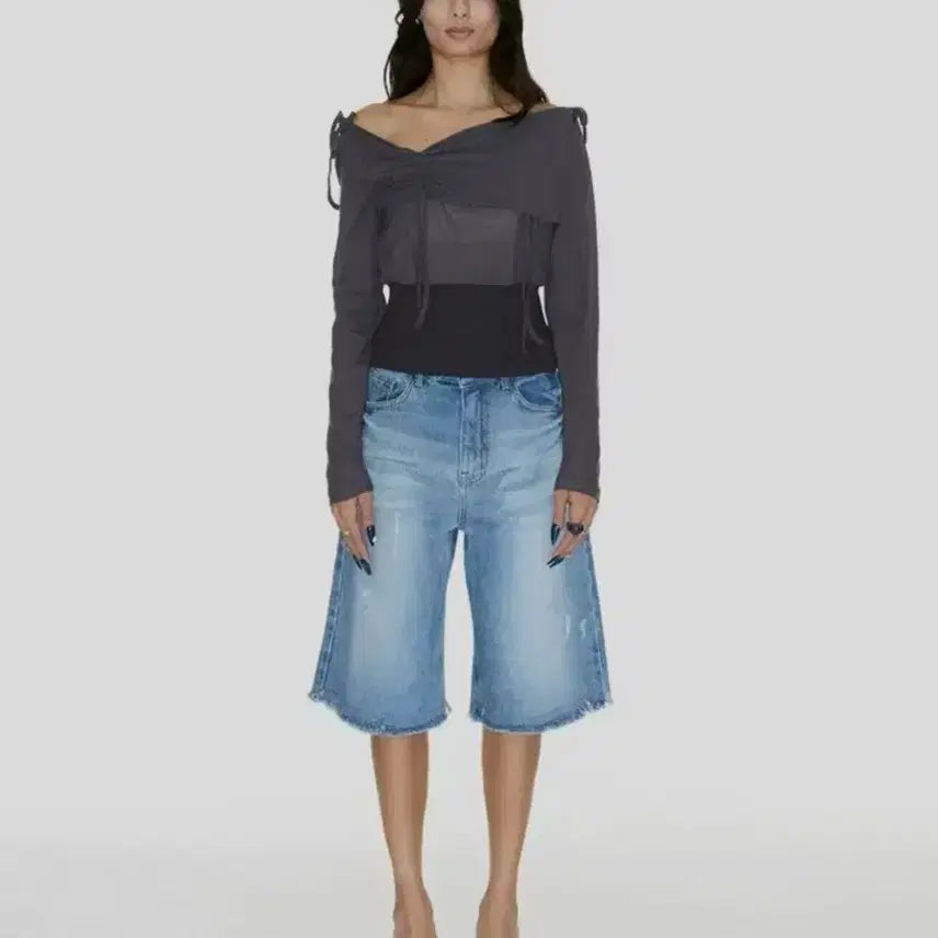 [BUNJANG] Setsetset Lavigne Off-Shoulder Shirred Crop Top / 쎄쎄쎄(Setsetset) 오프숄더 셔링탑 차콜 LAVIGNE OFF-S
