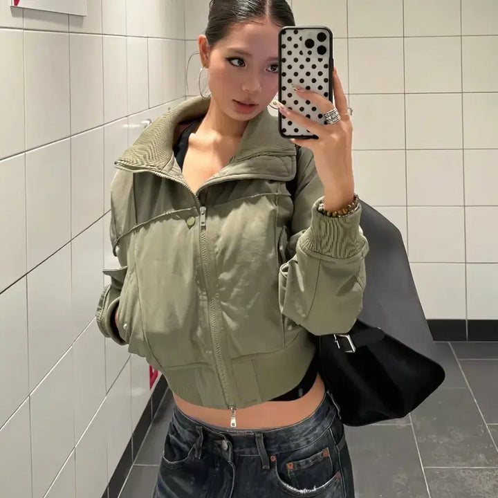 [BUNJANG] Khaki Cropped Blouson Zip-Up Bomber Jacket / 새상품) 카키 크롭 블루종 집업 항공점퍼 봄버자켓 올리브 카키베이지