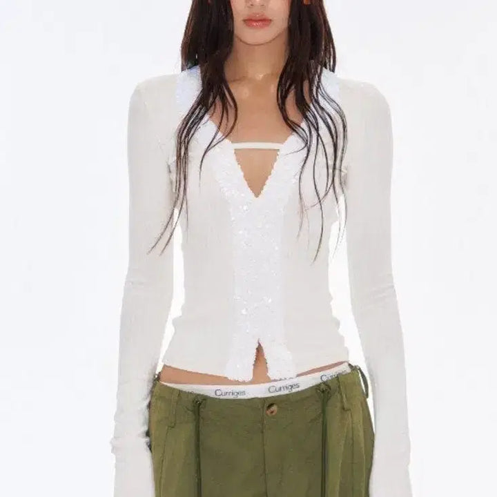 [BUNJANG] White Sequin Knit Top / 화이트 스팽글 니트 탑 (44-55반 추천)