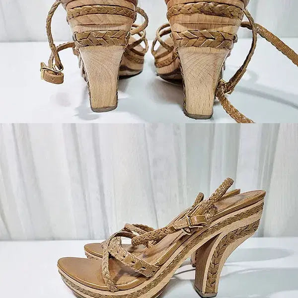 [BUNJANG] Dior Camel Leather &amp; Wood Heel Sandals Size 36 / 디올 샌들 230