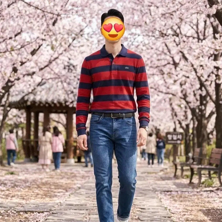 [BUNJANG] Lacoste Striped Collar Long Sleeve T-shirt / 라코스테 긴팔 레드,네이비 가로 스트라이프 카라 티셔츠(사이즈4,100)