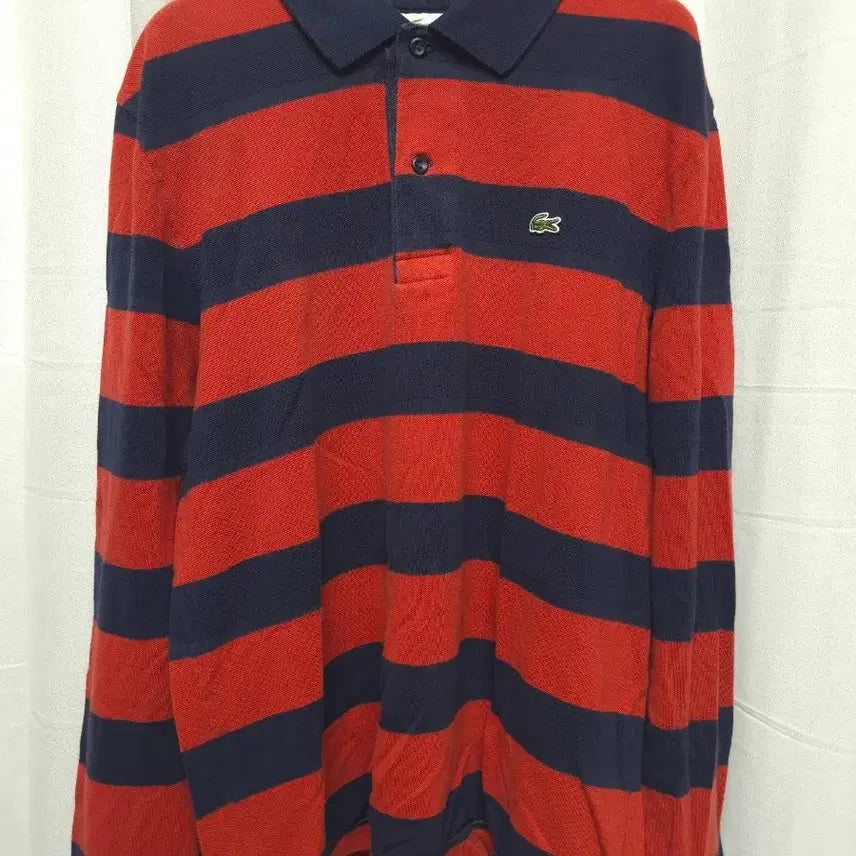 [BUNJANG] Lacoste Striped Collar Long Sleeve T-shirt / 라코스테 긴팔 레드,네이비 가로 스트라이프 카라 티셔츠(사이즈4,100)