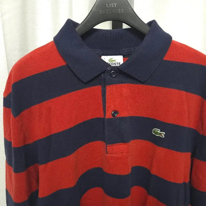 [BUNJANG] Lacoste Striped Collar Long Sleeve T-shirt / 라코스테 긴팔 레드,네이비 가로 스트라이프 카라 티셔츠(사이즈4,100)