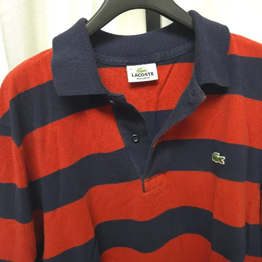 [BUNJANG] Lacoste Striped Collar Long Sleeve T-shirt / 라코스테 긴팔 레드,네이비 가로 스트라이프 카라 티셔츠(사이즈4,100)