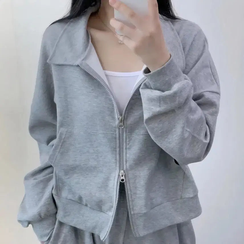 [BUNJANG] Loose Fit High Neck Two-Way Zip-Up Gray / 루즈핏 하이넥 투웨이 무지 카라 집업 회색