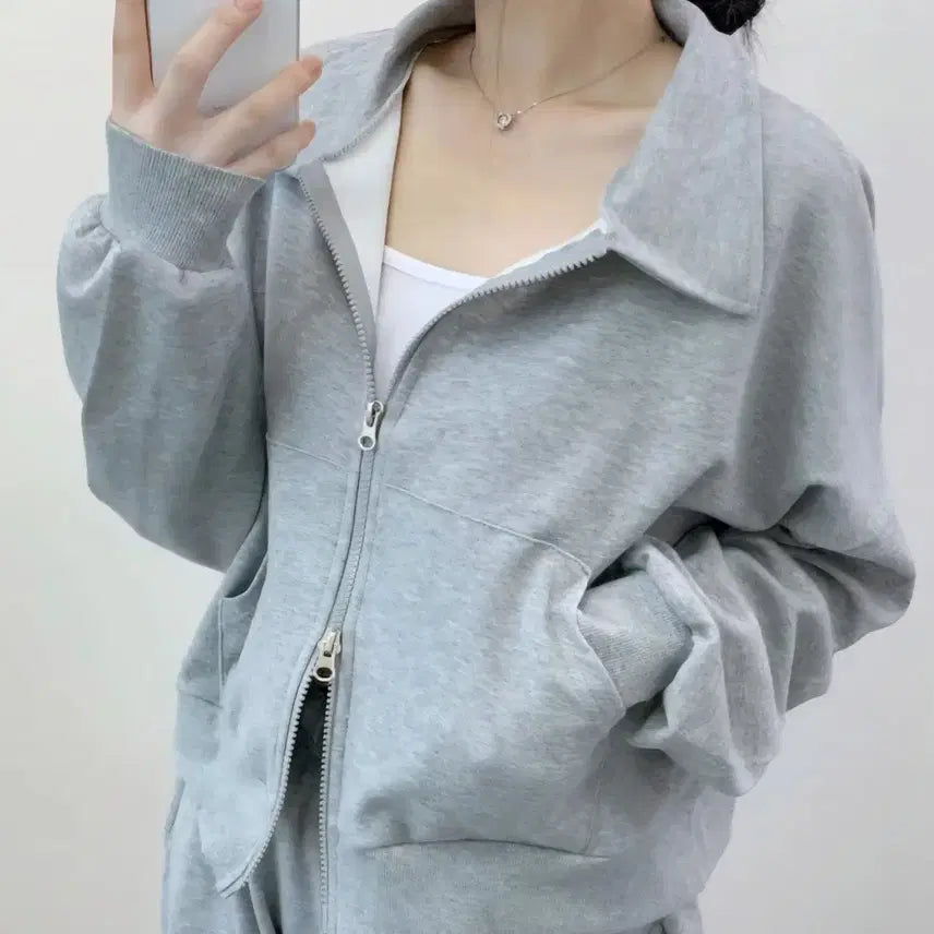 [BUNJANG] Loose Fit High Neck Two-Way Zip-Up Gray / 루즈핏 하이넥 투웨이 무지 카라 집업 회색