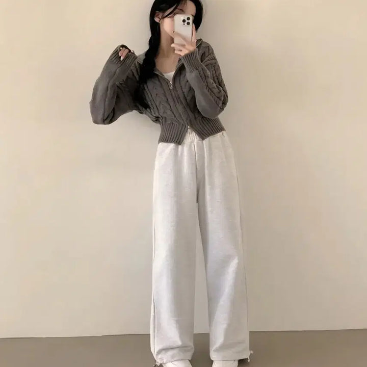 [BUNJANG] Kkwabaegi Crop Zip-up Knit Cardigan Gray / 꽈배기 카라 크롭 집업 니트 가디건 회색