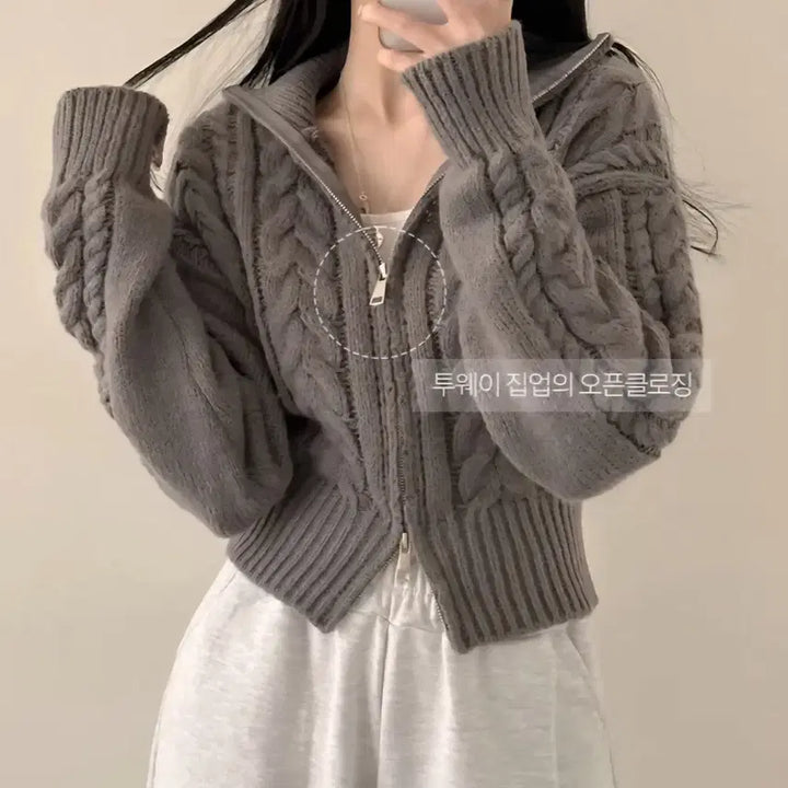 [BUNJANG] Kkwabaegi Crop Zip-up Knit Cardigan Gray / 꽈배기 카라 크롭 집업 니트 가디건 회색