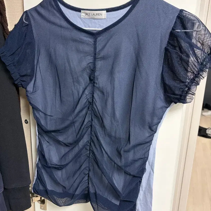 [BUNJANG] J.S. Lauren Navy Shirred See-Through Blouse / 제이스로렌 시스루 셔링 블라우스 네이비