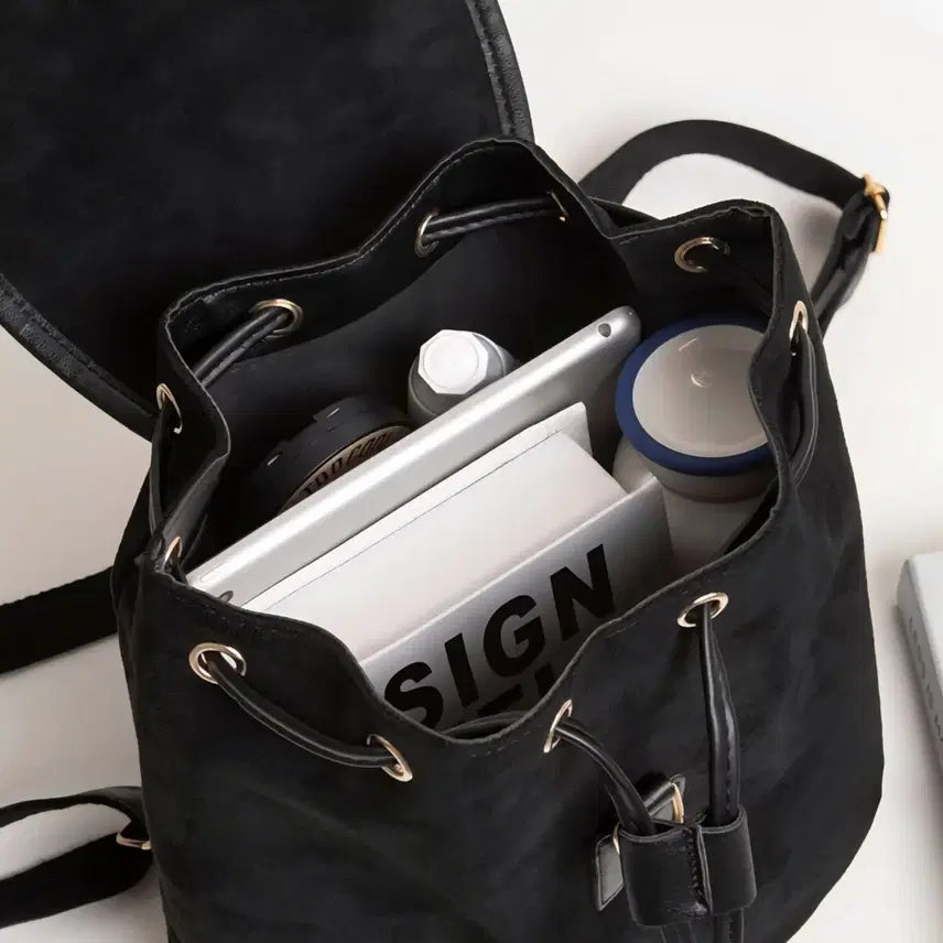 [BUNJANG] Daily Suede Bucket Backpack Black / 데일리 스웨이드 버킷 백팩 블랙