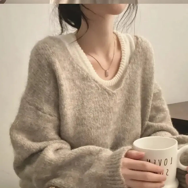 [BUNJANG] One Shoulder V-neck Loose Fit Knit Tank Top Set Beige / 원오프숄더 브이넥 루즈핏 니트 나시 세트 베이지