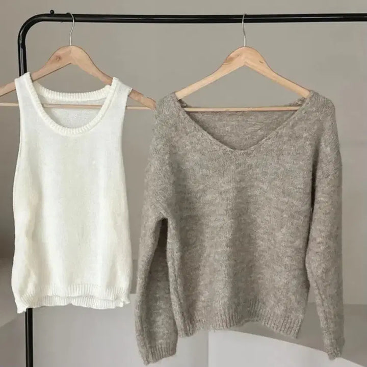 [BUNJANG] One Shoulder V-neck Loose Fit Knit Tank Top Set Beige / 원오프숄더 브이넥 루즈핏 니트 나시 세트 베이지
