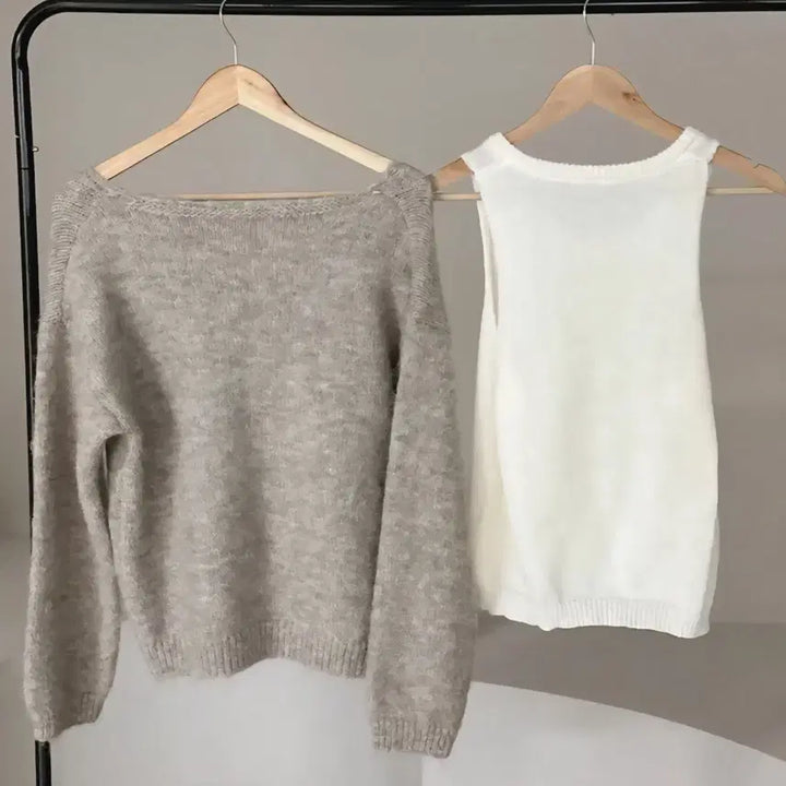 [BUNJANG] One Shoulder V-neck Loose Fit Knit Tank Top Set Beige / 원오프숄더 브이넥 루즈핏 니트 나시 세트 베이지