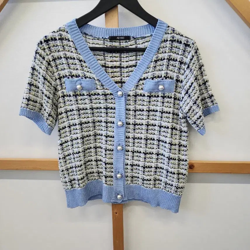 [BUNJANG] AD HOC Tweed Short-Sleeve Cardigan Blue / AD HOC 트위드 반팔 가디건 블루