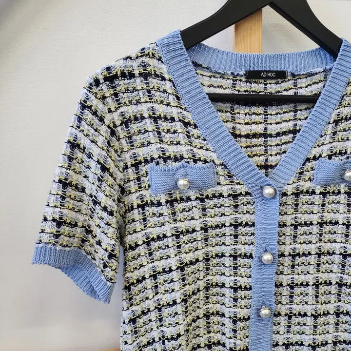 [BUNJANG] AD HOC Tweed Short-Sleeve Cardigan Blue / AD HOC 트위드 반팔 가디건 블루