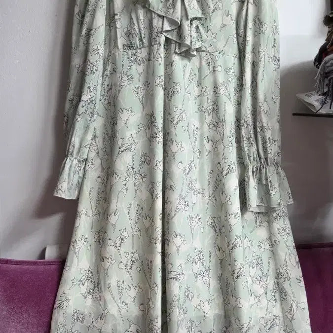 [BUNJANG] Mint Floral Long Dress with Frill / 민트 플라워 롱 원피스 프릴 장식