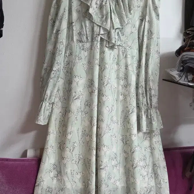 [BUNJANG] Mint Floral Long Dress with Frill / 민트 플라워 롱 원피스 프릴 장식