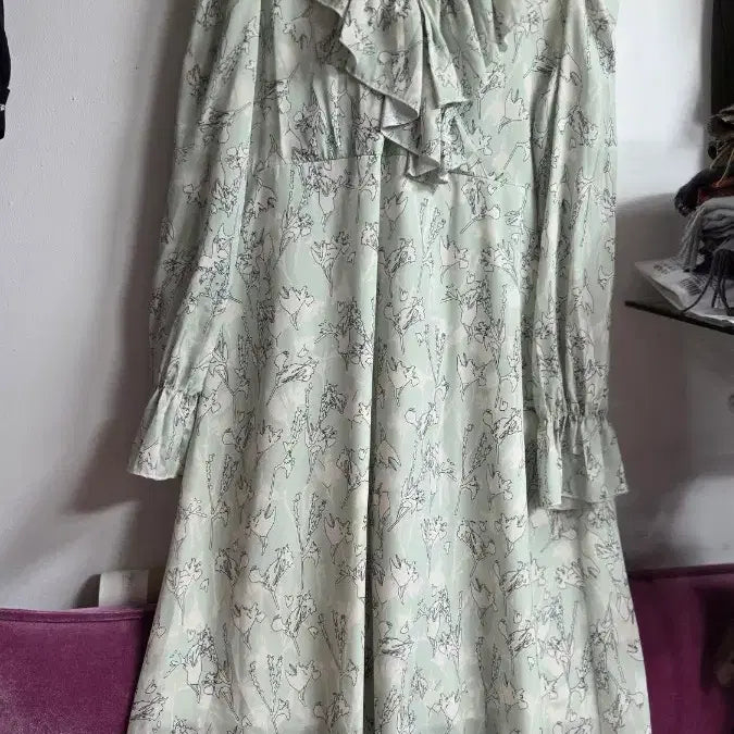 [BUNJANG] Mint Floral Long Dress with Frill / 민트 플라워 롱 원피스 프릴 장식