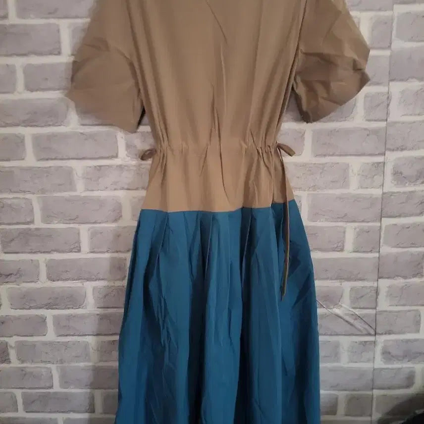 [BUNJANG] Beige Puff Sleeve Long Dress / 블루배색 베이지 퍼프 반팔 원피스/알뜰한여우