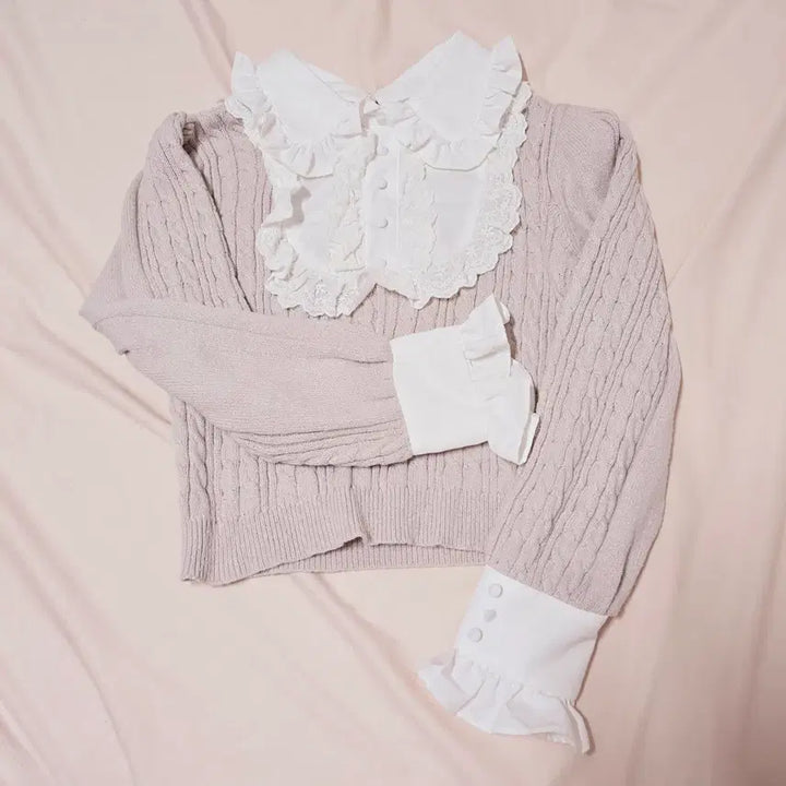 [BUNJANG] Evelyn Ruffle Cable Knit Sweater Pink / 정품) Evelyn 러플 케이블 니트 핑크