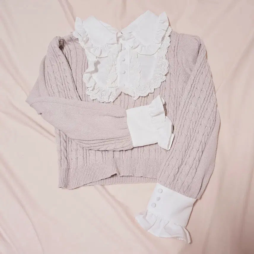 [BUNJANG] Evelyn Ruffle Cable Knit Sweater Pink / 정품) Evelyn 러플 케이블 니트 핑크