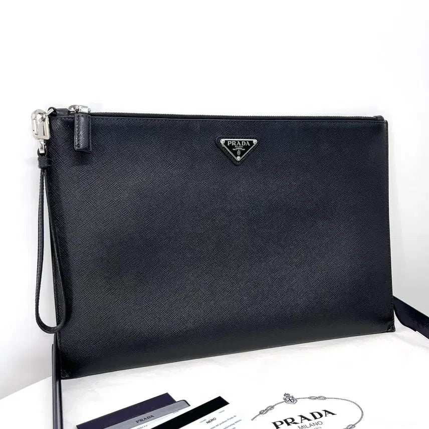 [BUNJANG] Prada Saffiano Triangle Logo Clutch Bag / [100%정품] 프라다 사피아노 삼각로고 클러치백 블랙 (2NH001)