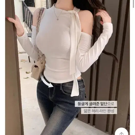 [BUNJANG] 블러핏 반목 오프숄더 타이 긴팔 티 / 블러핏 반목 오프숄더 타이 긴팔 티