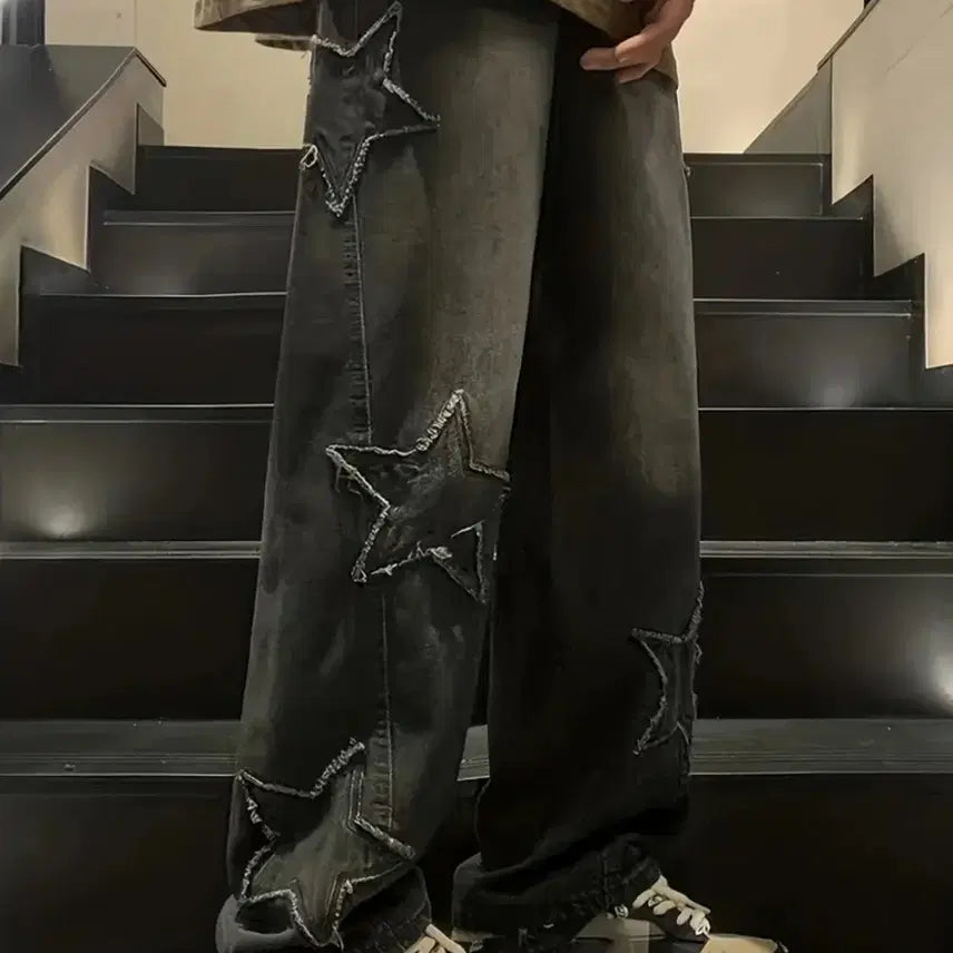 [BUNJANG] Unique Star Embroidered Black Jeans / 유니크 스타 자수 흑청 청바지