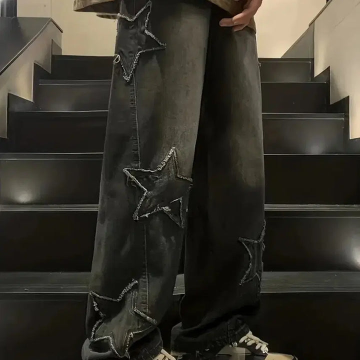 [BUNJANG] Unique Star Embroidered Black Jeans / 유니크 스타 자수 흑청 청바지