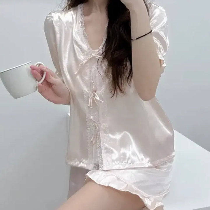 [BUNJANG] Pink Satin Silk Ribbon Blouse Pajamas / 핑크 새틴 실크 반팔 리본 블라우스 파자마