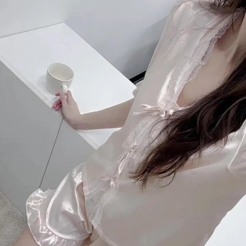 [BUNJANG] Pink Satin Silk Ribbon Blouse Pajamas / 핑크 새틴 실크 반팔 리본 블라우스 파자마