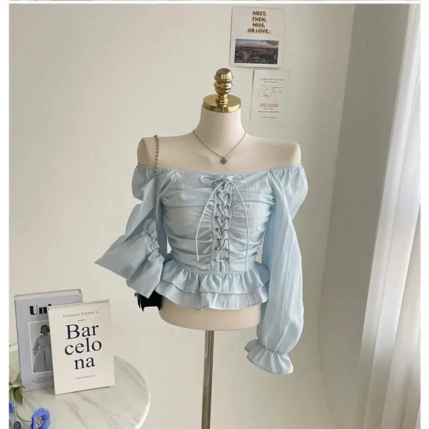[BUNJANG] Sky Blue Ribbon Corset Off-Shoulder Blouse / 소라색 리본끈 코르셋 블라우스 오프숄더