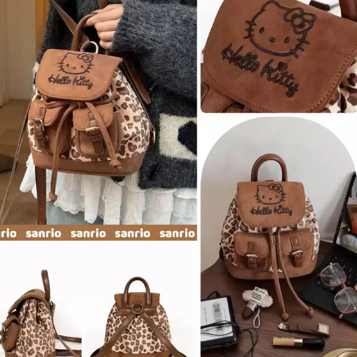 [BUNJANG] Hello Kitty Leopard Suede Mini Backpack Tote Bag / 헬로키티 백팩 미니 레오파드 호피 스웨이드 토트백 핸드백
