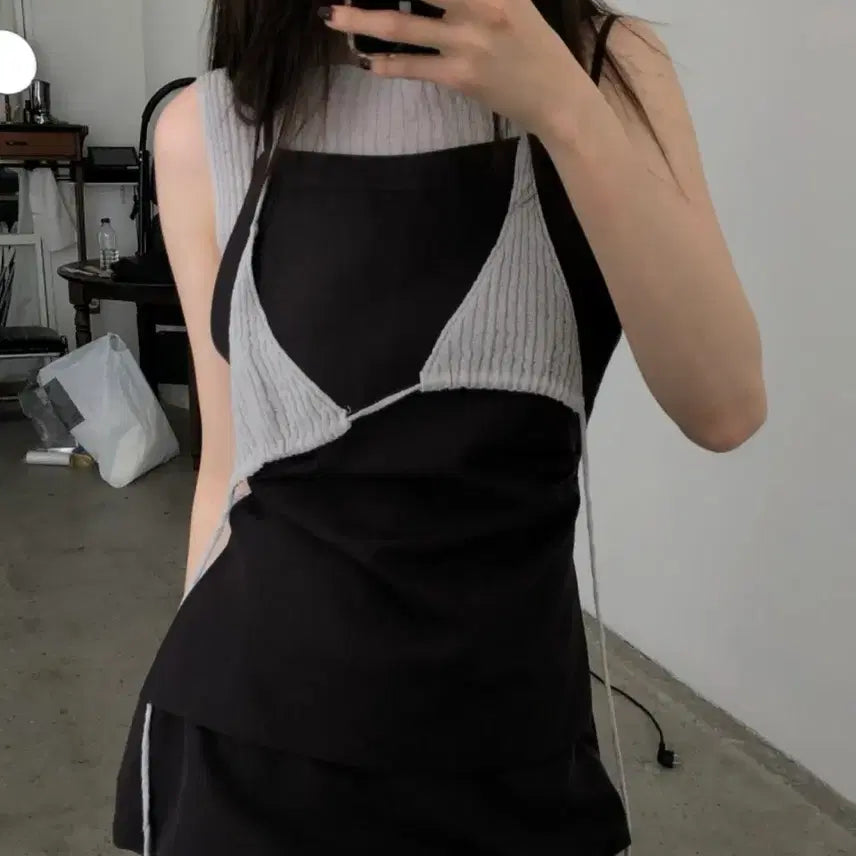 [BUNJANG] London Flat V-neck Bustier Knit Set Silver Gray / 런던플랏 뷔스티에니트 세트 실버그레이