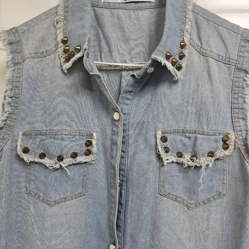 [BUNJANG] Blue Denim Sleeveless Shirt Vintage Studded / 청 데님 빈티지 민소매  남방