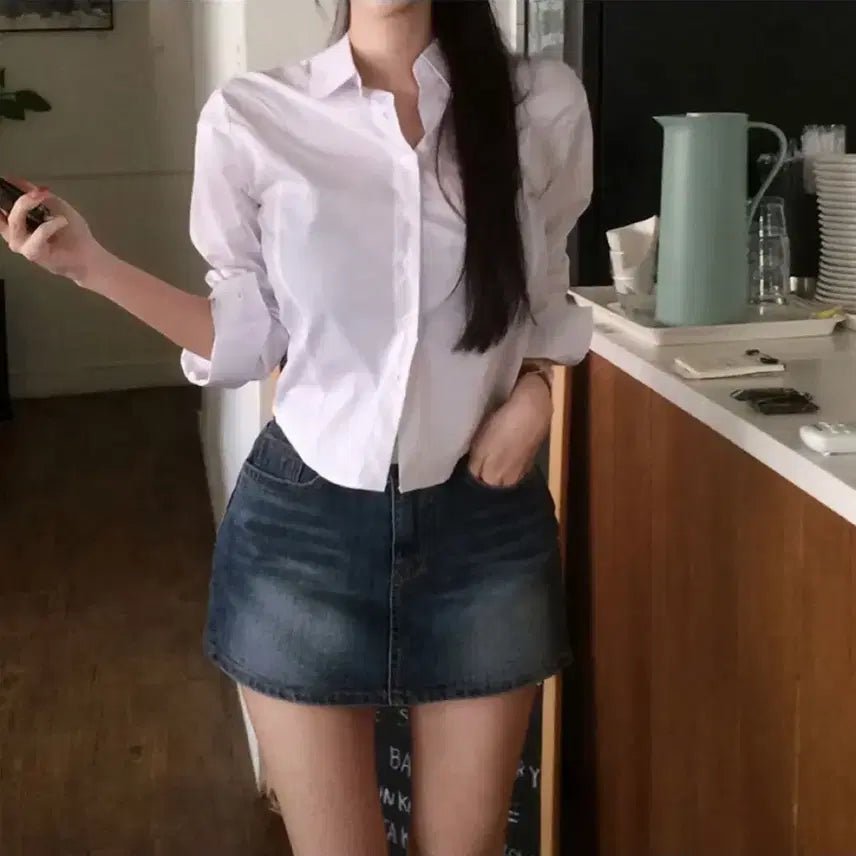 [BUNJANG] 실루엣 슬림핏 세미크롭 셔츠 스판셔츠 (원가 3만원대) / 실루엣 슬림핏 세미크롭 셔츠 스판셔츠 (원가 3만원대)