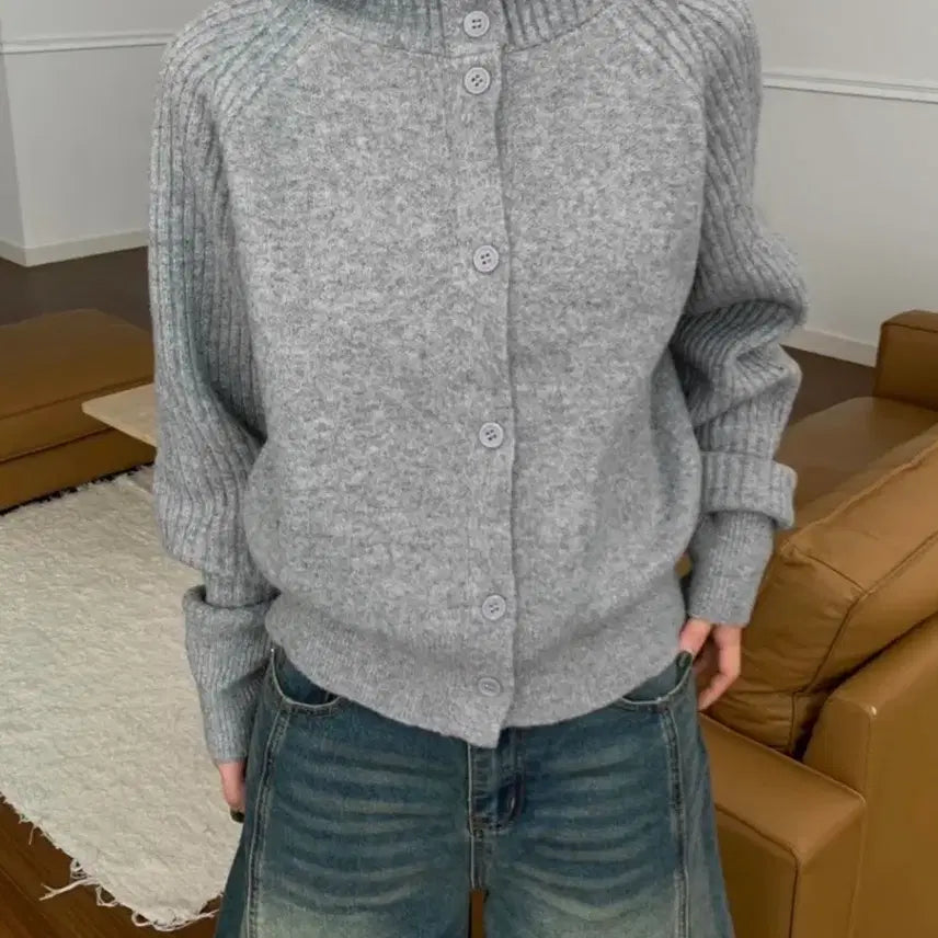 [BUNJANG] Moonz Grain High Neck Hood Knit Cardigan / 문즈 그레인 하이넥 후드 니트 가디건
