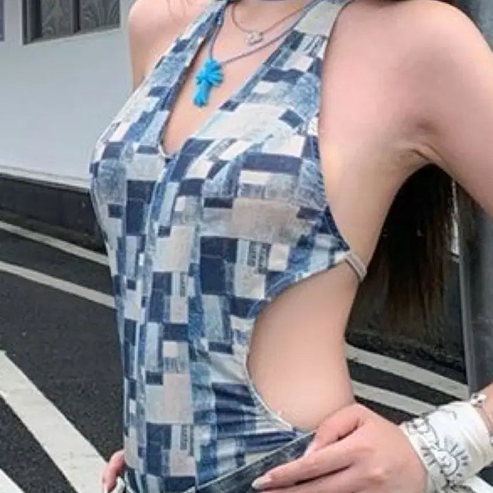 [BUNJANG] Open Jumpsuit Slim Fit Cami Top / 블루 오픈 점프슈트 슬림핏 끈 나시