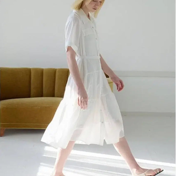 [BUNJANG] Le Shop Blanc Belted Tiered Dress / 르샵블랑 셔츠 카라넥 오픈형 벨티드 티어드 원피스