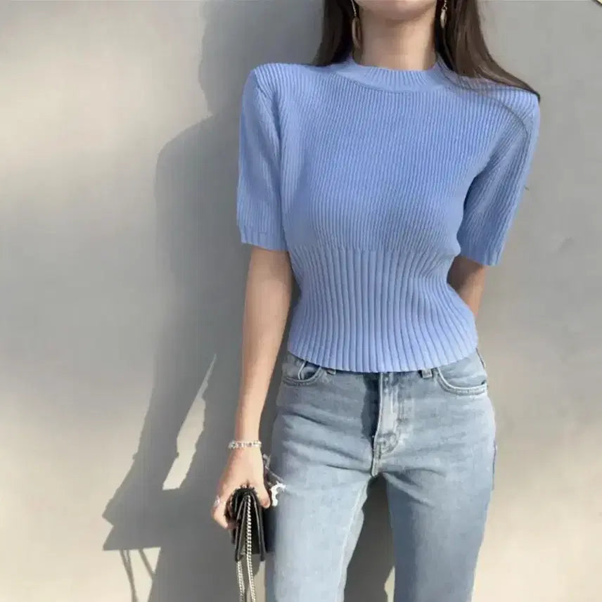 [BUNJANG] Sky Blue Slim Fit Ribbed Knit Top / 반팔 골지 니트