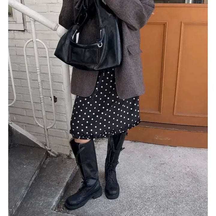 [BUNJANG] M.Noir Crinkle Dot Skirt - Black Midi Skirt / 엠누아르 크링클 도트 스커트 블랙 (미디스커트 프릴스커트)