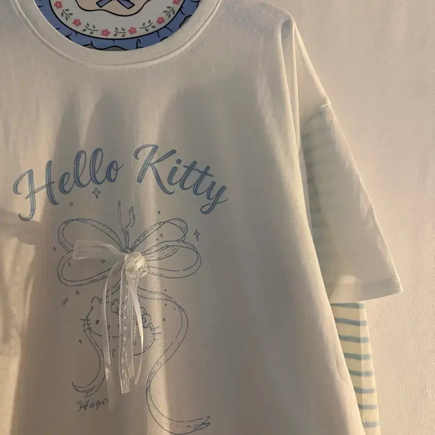 [BUNJANG] Kitty Lace Striped Two-Piece Vintage Set / 키티 레이스 스트라이프 투피스 긴팔 빈티지